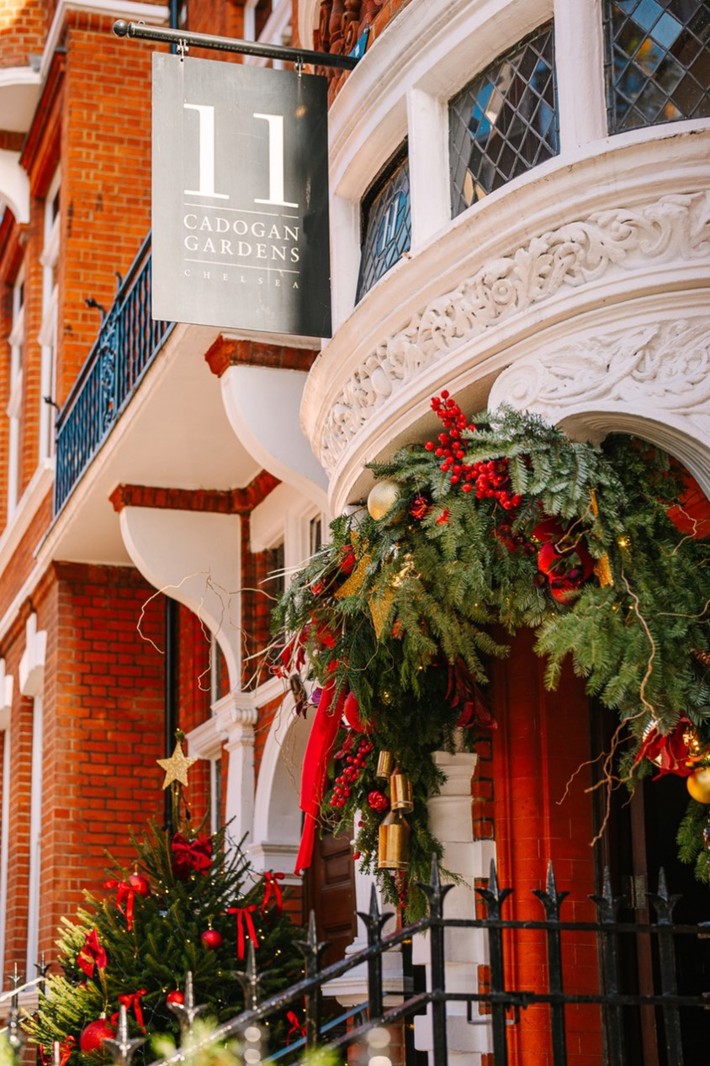 Christmas Decorations at 11 Cadogan Gardens - Building Exterior - Entrance Wreath and Garland